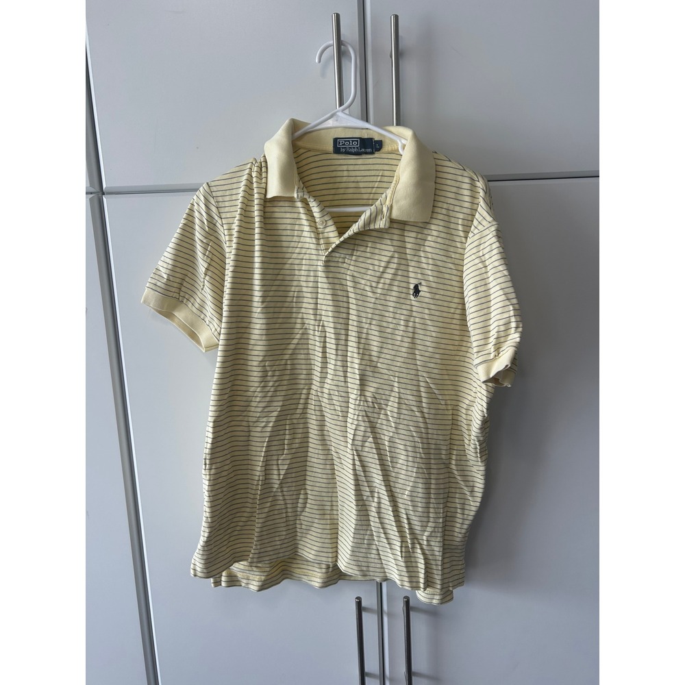 Polo Ralph Lauren Mens Large‎ Yellow Striped Short Sleeve Polo Shirt Navy Pony